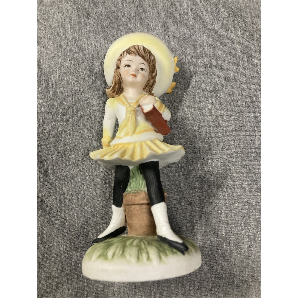 Vintage Lefton China Bisque Girl Figurine Madelaine KW5309 Yellow Dress Book